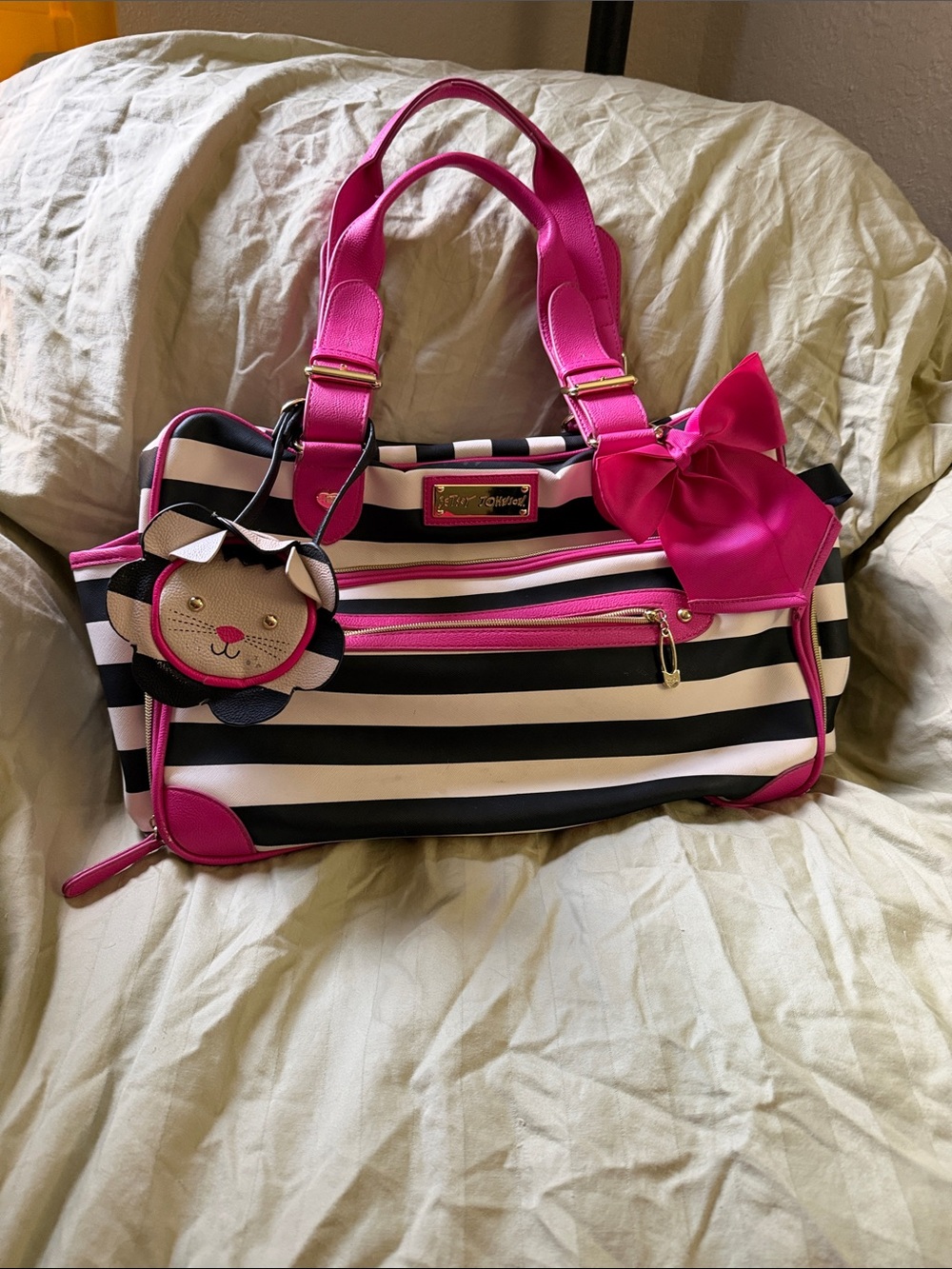 Betsey Johnson Black, White & Hot Pink Striped Tote with Bow Accent